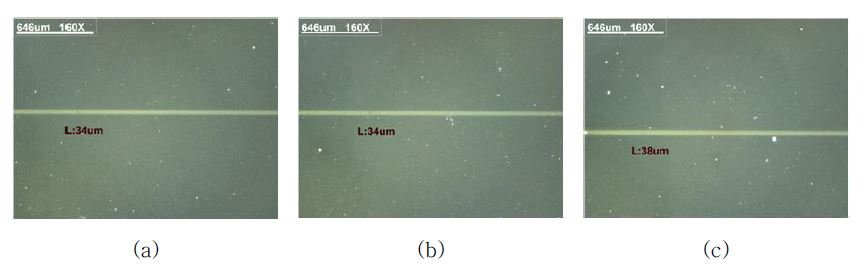 Laser 전력이 0.1 Watt일 때 소결횟수에 대한 선폭 변화; (a) 1회, (b) 2회, (c) 3회
