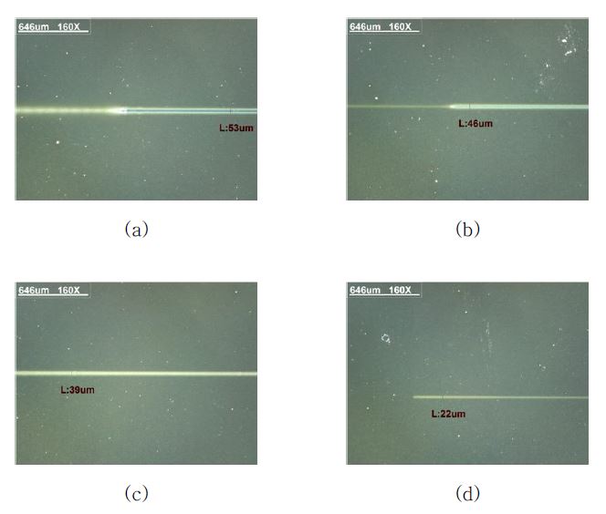 소결속도 200 mm/sec일 때 laser 전력에 대한 회로; (a) 1 Watt, (b) 0.5 Watt, (c) 0.3 Watt, (d) 0.1 Watt