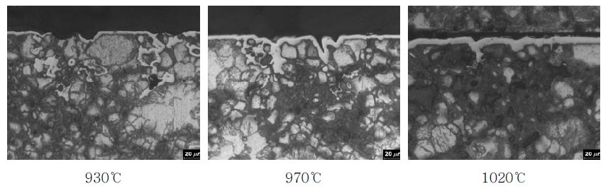 소결부품의 온도별 단면조직사진(KCr, 5hr)