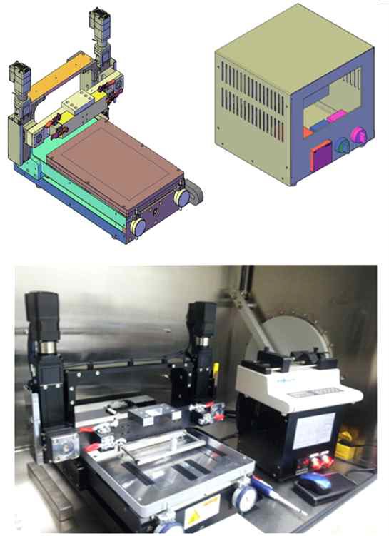 slot-die coating system의 3D 도면과 실제 제작하여 글로브 박스 내에 설치되