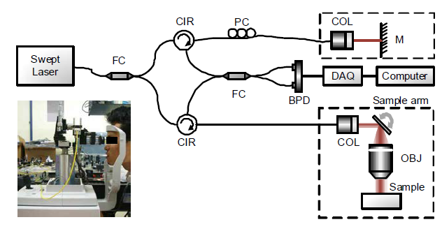 1300 nm center wavelength 의 swept laser를 기반으로한 Fourier-domain optical coherence tomography (FD-OCT)의 개념도