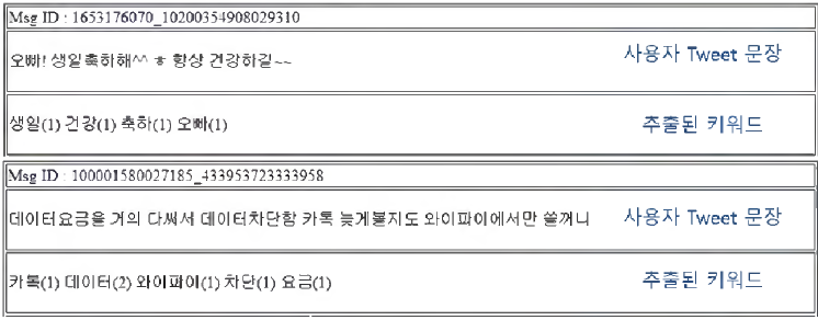 입력된 사용자의 SNS 문장(Tweet)으로부터 추출된 키워드