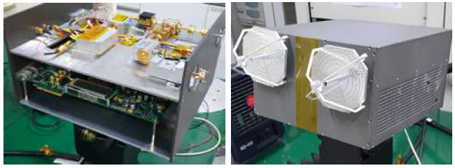 W-band radar 내부(왼쪽)와 레이더 외부에 장착된 W-band용 안테나(오른쪽)