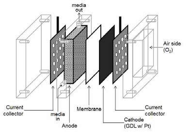 본 연구에 사용된 air-cathode 미생물 연료전지의 구성.