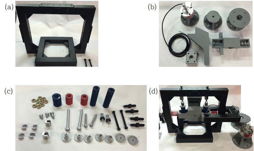 1차 현가장치 축상스프링 특성 시험 장치, (a) 대차프레임 모사부품, 시험장치 프레임, (b) 로드셀 및 액슬박스 모사부품, (c) 축상스프링 모사 압축스프링 및 체결부품, (d) 시험장치 조립체