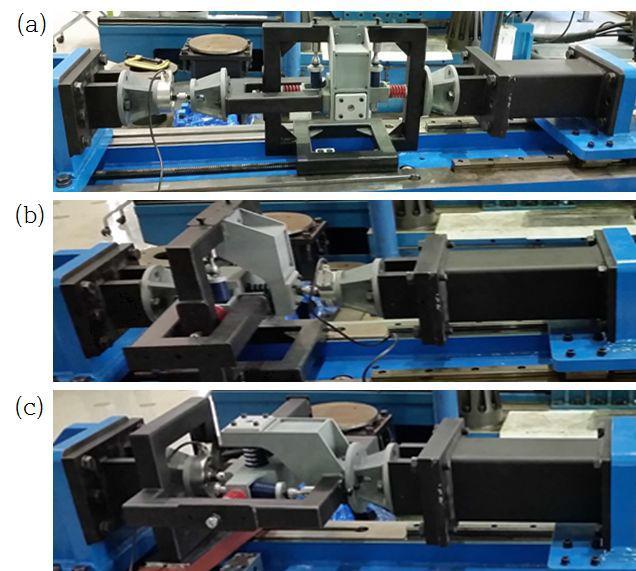1차 현가장치 축상스프링 강성 특성 시험 모습, (a) 종방항(x), (b) 횡방향(y), (c) 수직방향(z)