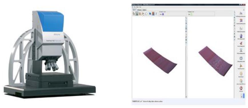 The Alicona optical measurement device (left) and results of surface measurements from wheels and rollers (right).