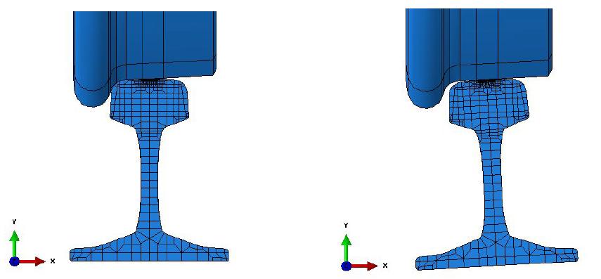 레일 게이지 접촉 모델(좌)과 레일 두부 접촉 모델(우)