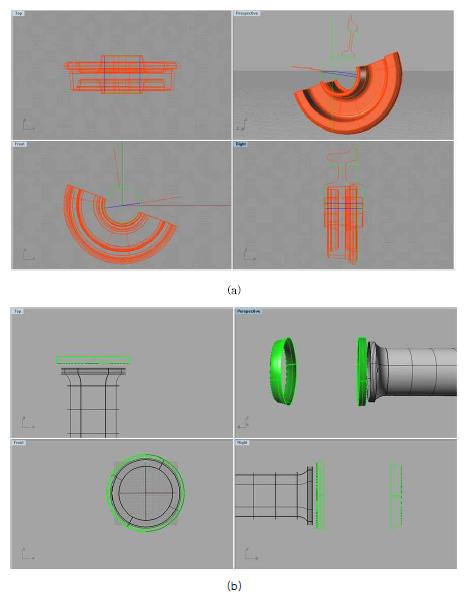 시뮬레이션 프로그램에 적용을 위한 도면수정작업 (a)차륜부분의 드로잉 수정, (b)차축, 차륜접합부의 단순화