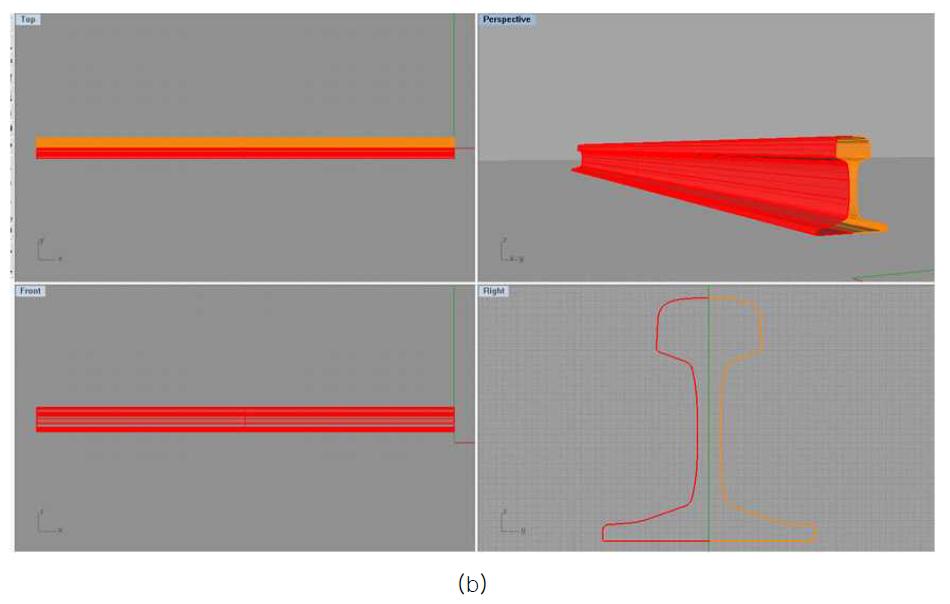 레일 도면의 시뮬레이션 적용을 위한 (a)수정 전, (b) 수정 후, 3D 도면