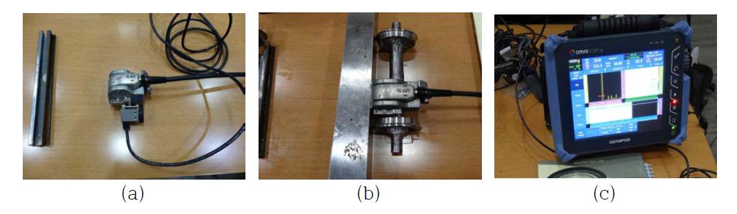 초음파 측정을 위한 (a) 레일 시편, (b) 차축 시편 및 엔코더 부착된 초음파 센서, 그리고 (c) 초음파 검사 장비