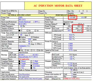‘H’사의 110[kW]급 전동기의 사양서