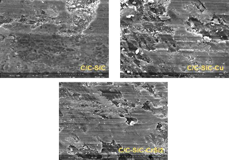 SEM images of the specimens showing the worn out surface at high magnification.