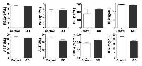 양자점(QD)과 실험 비교군(contol)에서의 쥐의 독성 평가. Hematology 마커분석