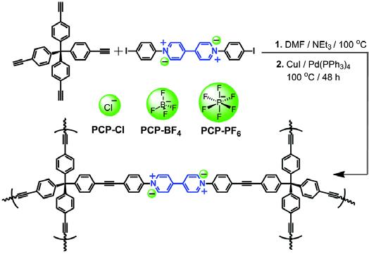 The synthetic strategy for the preparation of porous cationic polymers with different counteranions.