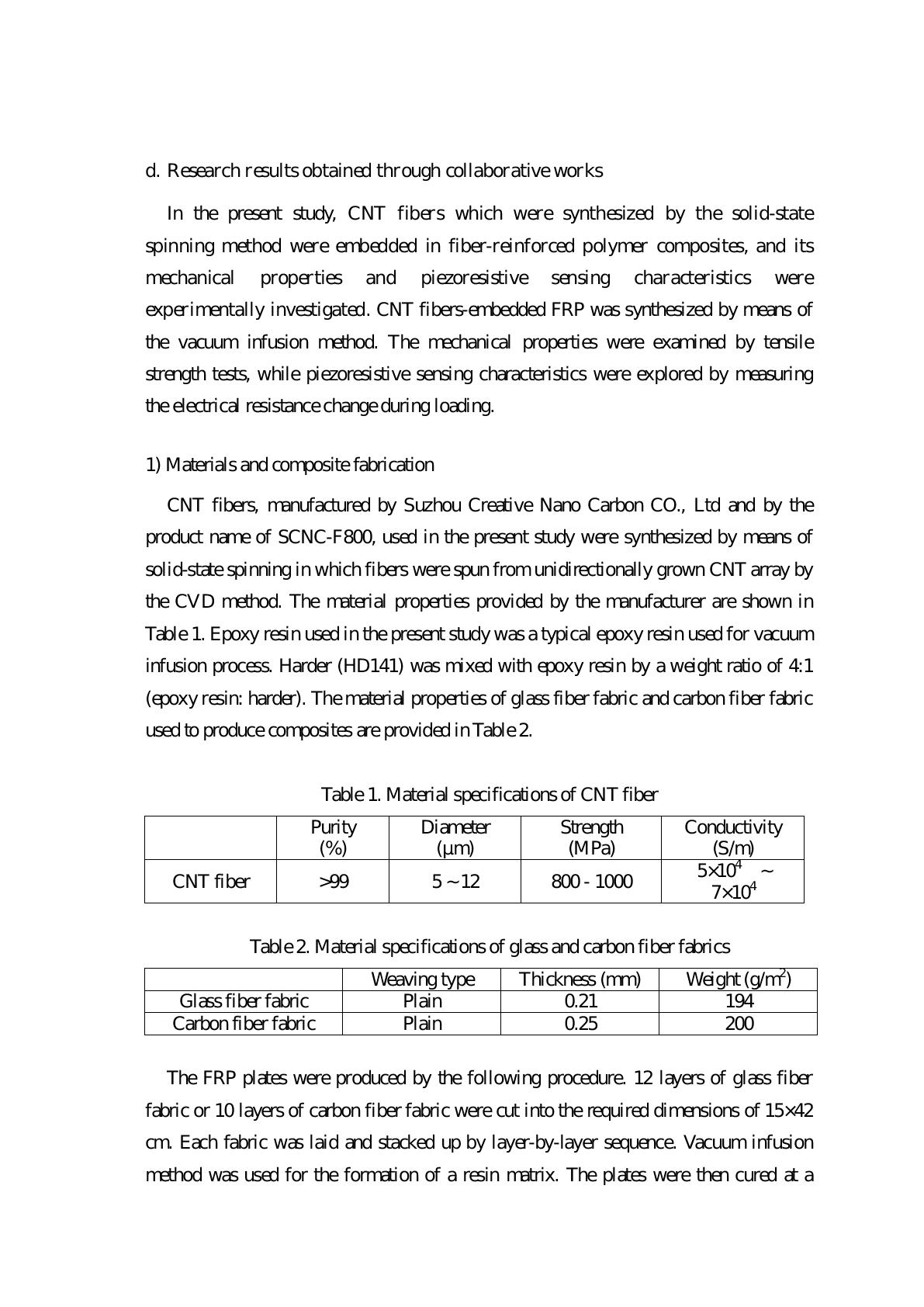 Material specifications of CNT fiber Purity Diameter Strength Conductivity