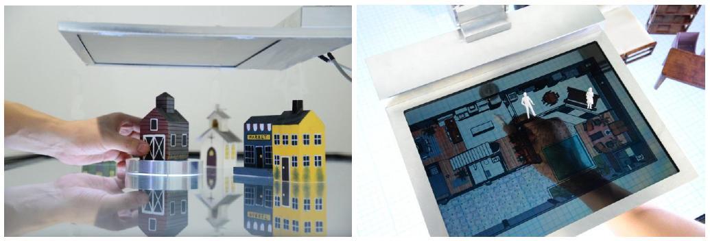 트렌스-레이어의 특징적인 인-비트윈(in-between) 공간 (좌측) 가상 조명환경 시뮬레이션, (우측) 건물 청사진 어플리케이션