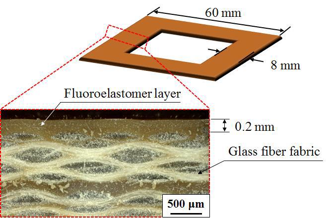 Dimension of the fluoroelastomer/glass composite flow frame specimen for leakage test.