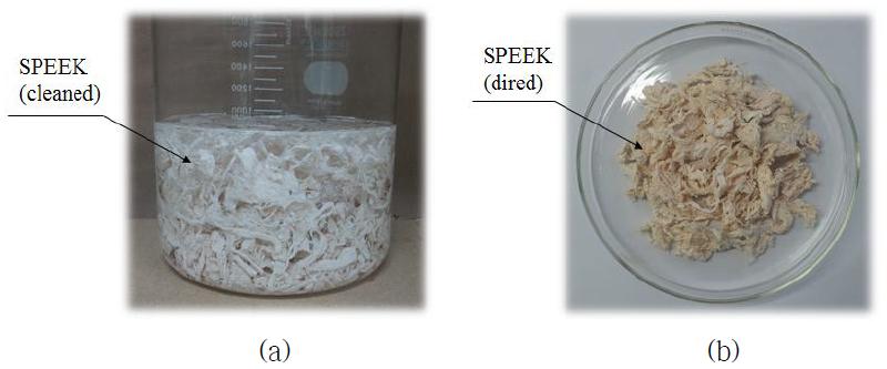 Fabricated SPEEK: (a) SPEEK cleaned with DI water; (b) SPEEK dried at 100℃.