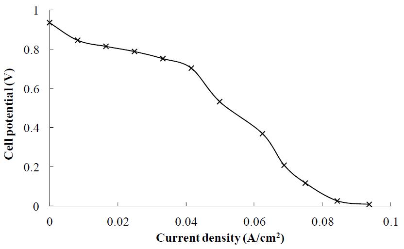 Polarization curve of the developed unit cell performance test with the passive air supply.