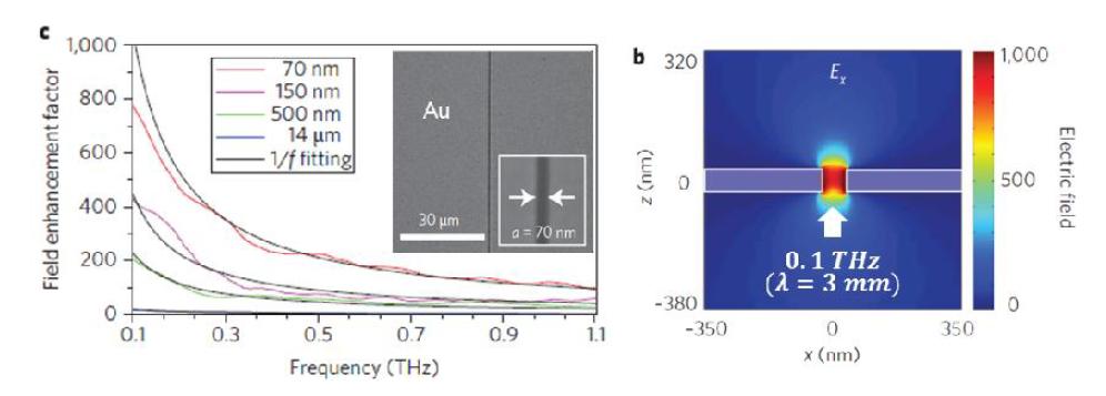 (좌측) 중앙 틈 크기에 따른 투과된 광원의 양을 측정하여 장 증대 정도를 그린것으로 틈 사이즈가 좁아질수록 증대값이 커지는 것을 알 수 있다 (삽화는 제작한 금 나노판의 SEM 이미지). (우측) 틈이 70 nm인 경우의 Ex-field 전산모사 결과로 틈 부분에서 강하게 전기장이 집속되는 것을 알 수 있다