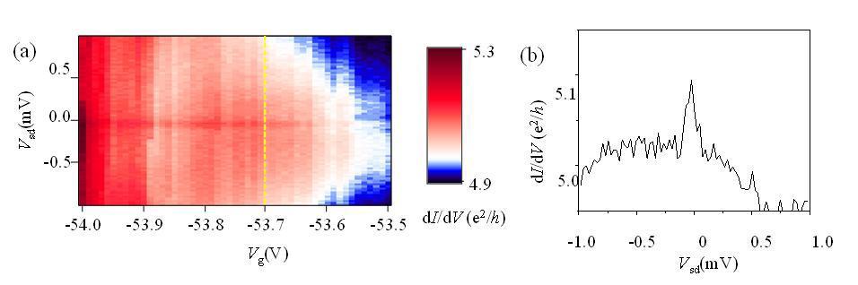 (a) 2차원 미분 전도도 spectroscopy, G(Vsd,Vg) (b) Vg=-53.7V에서의 G(Vsd)