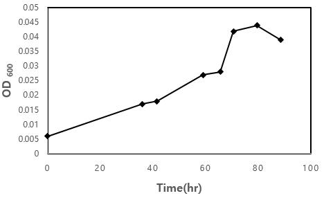 그림 6 5 mM sodium foramte와 0.04% casamino acid, 5 mM phosphate buffer를 첨가한 DNMS 배지에 배양시킨 M. silvestris strain BL2의 성장곡선