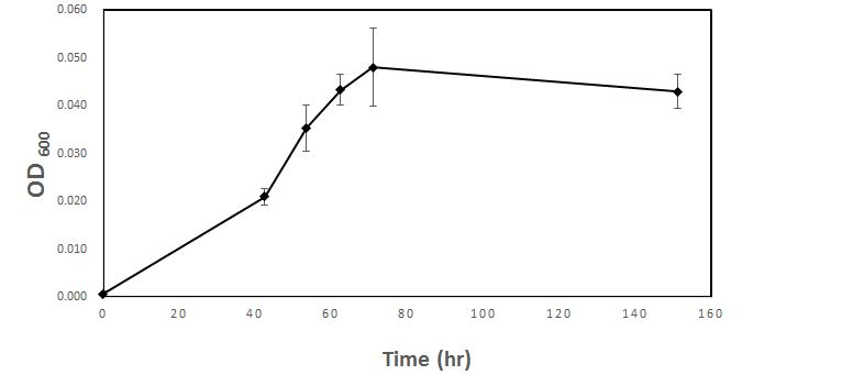 5mM sodium foramte, 0.04% casamino acid, 5mM phosphate buffer를 첨가한 DNMS 배지에 배양시킨 M. silvestris strain BL2의 성장곡선