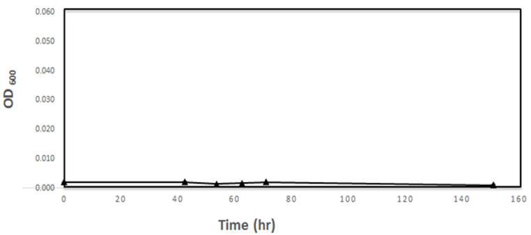 Negative control로써 0.04% casamino acid, 5mM phosphate buffer를 첨가한 DNMS 배지에 배양시킨 M. silvestris strain BL2의 성장곡선