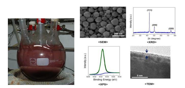 5000 ml 스케일로 합성된 Cu나노입자의 SEM, XRD Pattern, XPS, TEM 분석결과