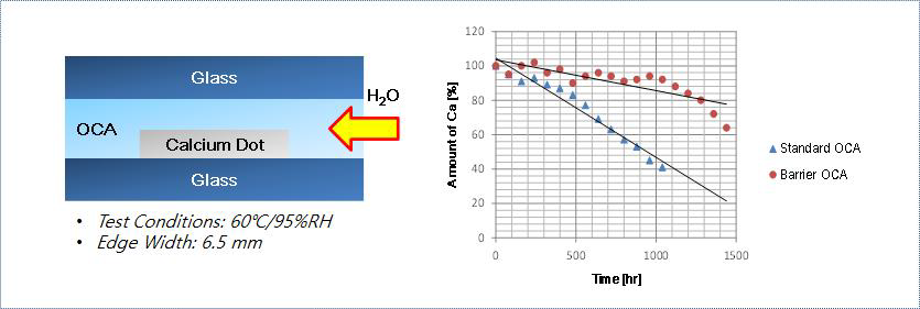 barrier 특성을 갖는 OCA의 칼슘테스트 조건(좌) 및 그 결과(우)