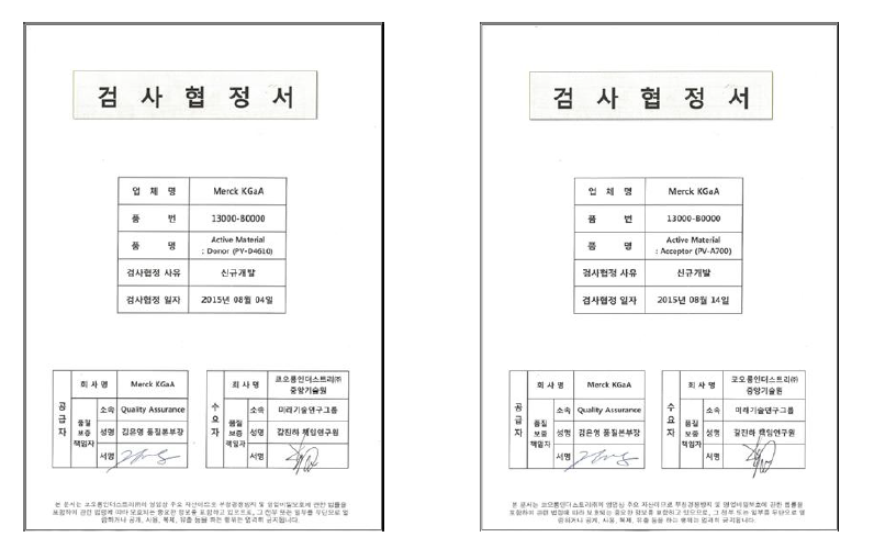 공동연구기관인 머크퍼포먼스머티리얼즈社와 체결한 donor(좌)와 acceptor(우)의 검사협정서