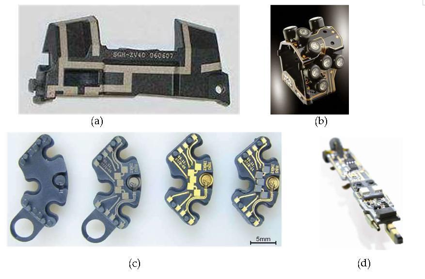 일체형 회로 패턴의 예; (a) 스마트폰 인테나, (b) 모터사이클 그립, (c) 센서, (d) 치과용 의료기기