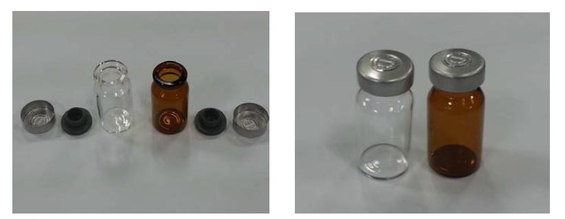 알루미늄 캡, 테프론 고무마개로 구성된 투명 및 갈색 Glass vial