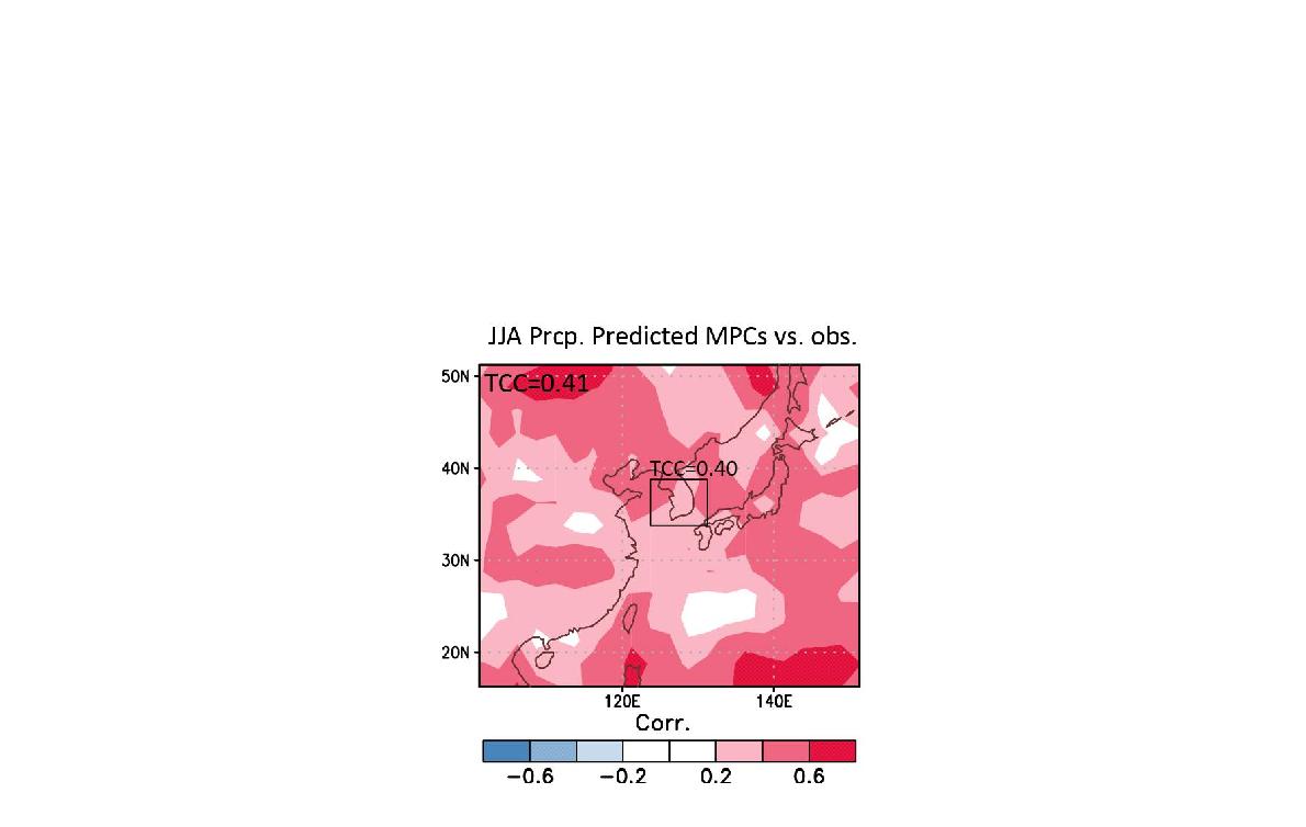 Map of TCCs between predicted precipitation from reconstruction of