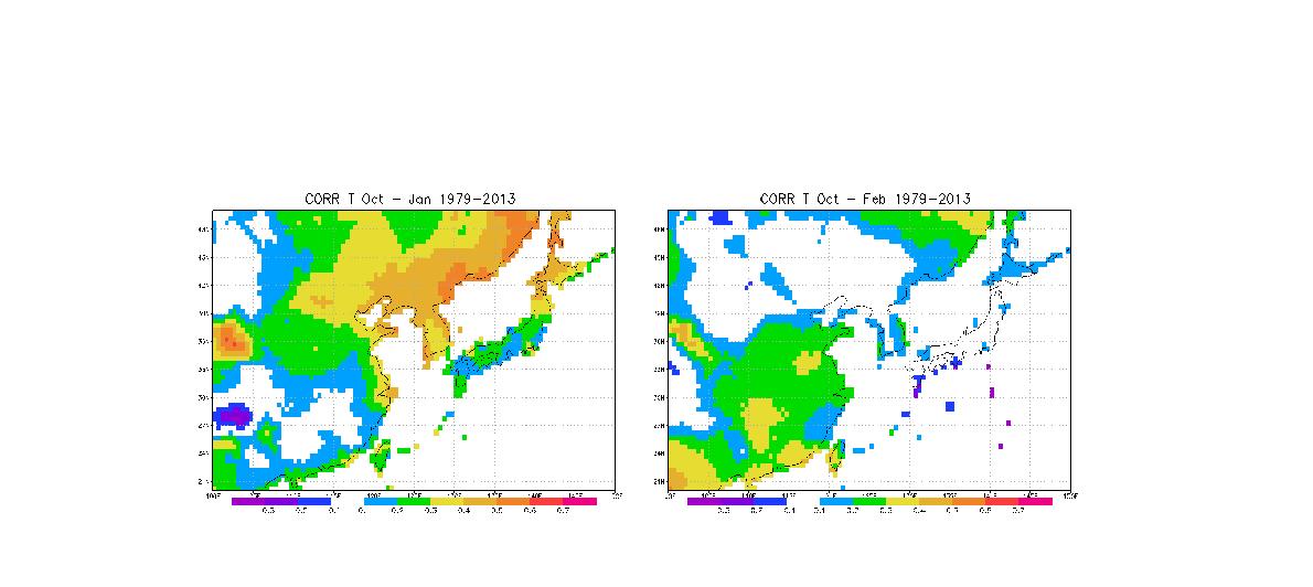 Correlations between October grid-point temperature and November (a),