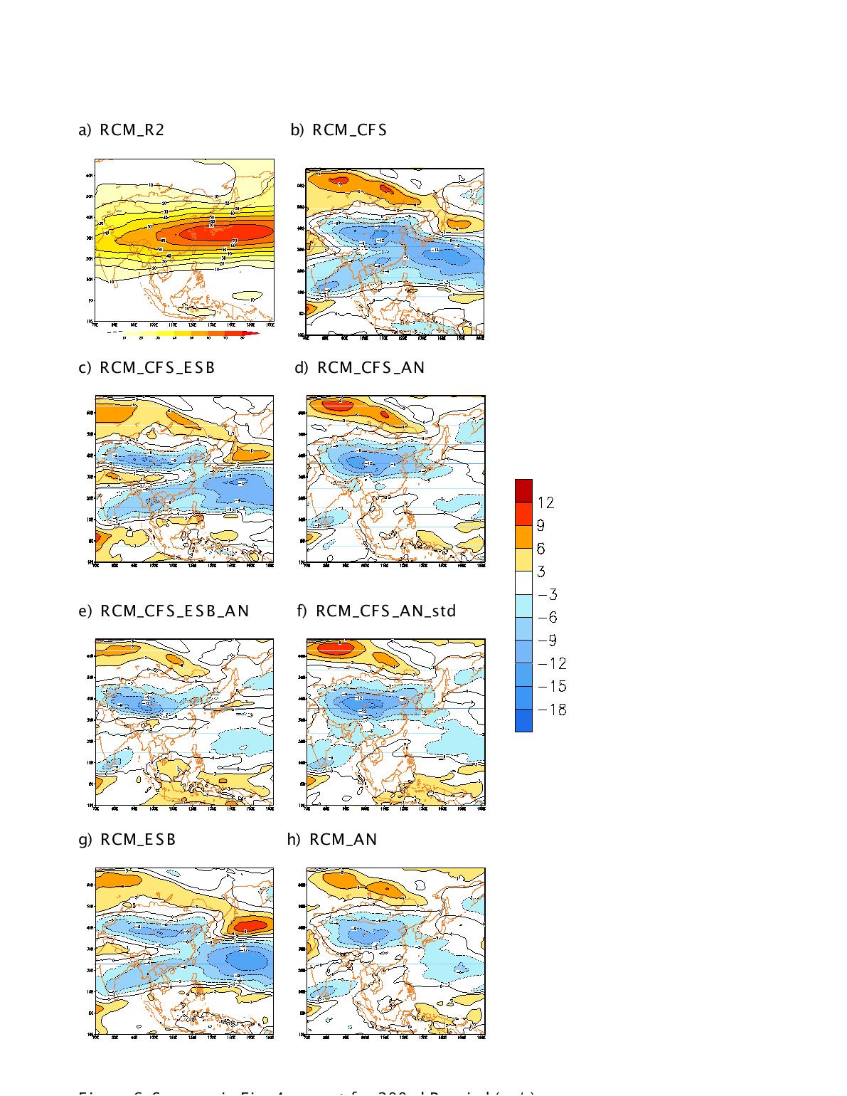 Same as in Fig. 4. except for 200-hPa wind (m/s).