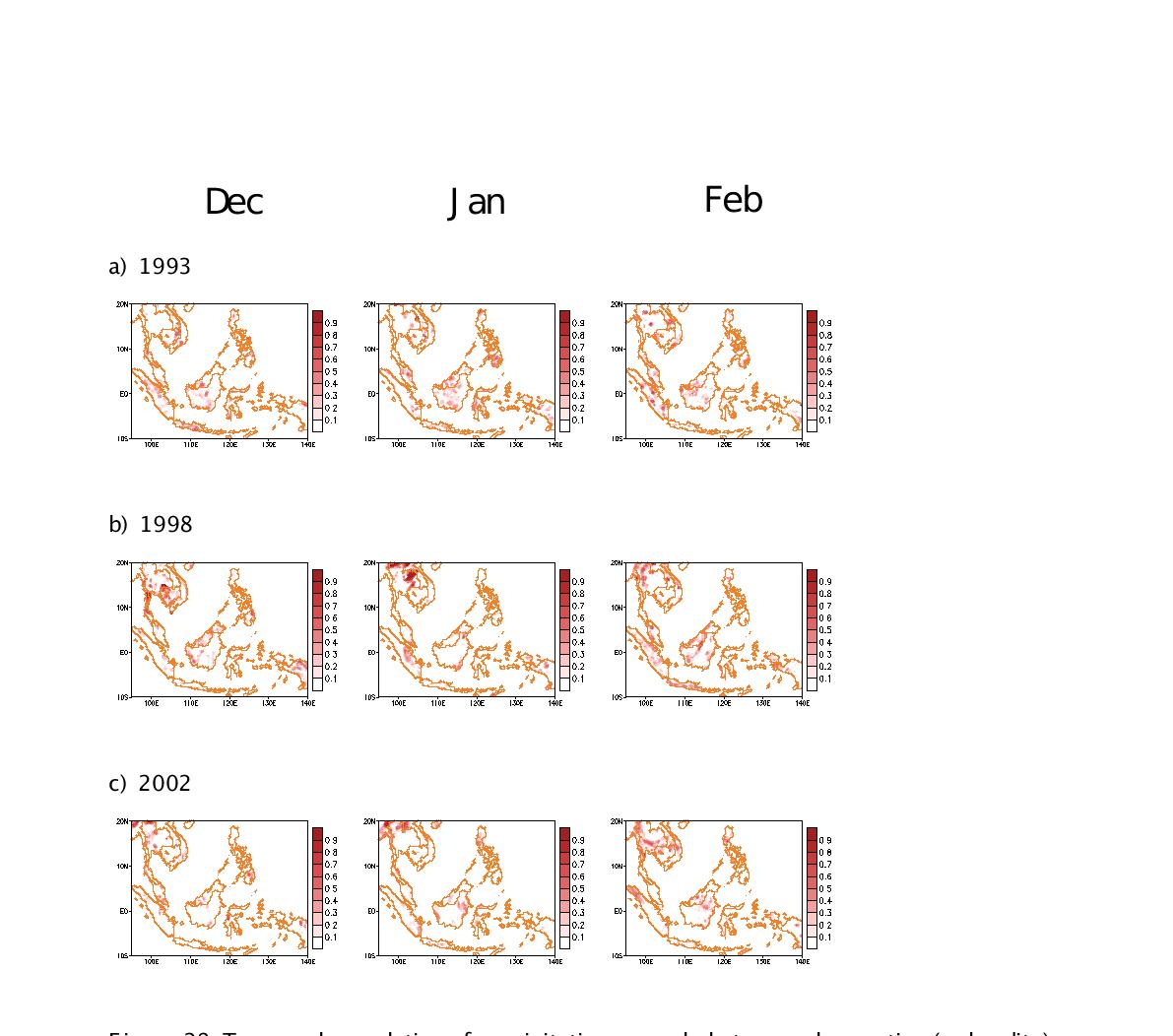 Temporal correlation of precipitation anomaly between observation (aphrodite) and the RCM prediction for (a) 1993/94, (b) 1998/99, and (c) 2002/03 winter.