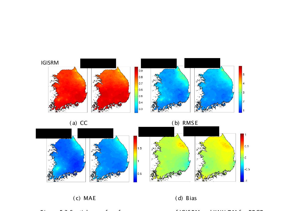 Spatial map of performance measures of IGISRM and KNU/RM for PRCP