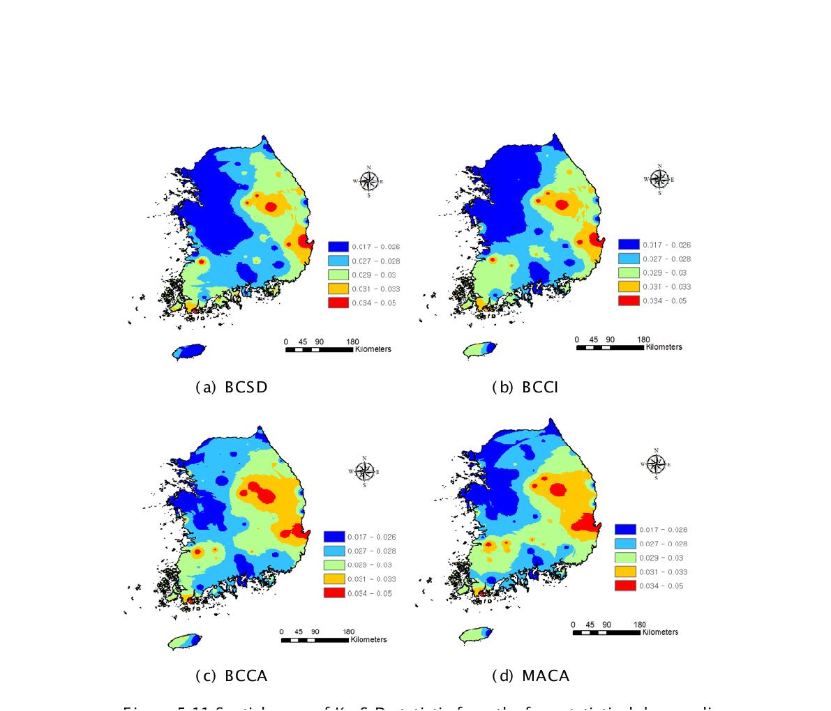 Spatial maps of K-S D statistic from the four statistical downscaling