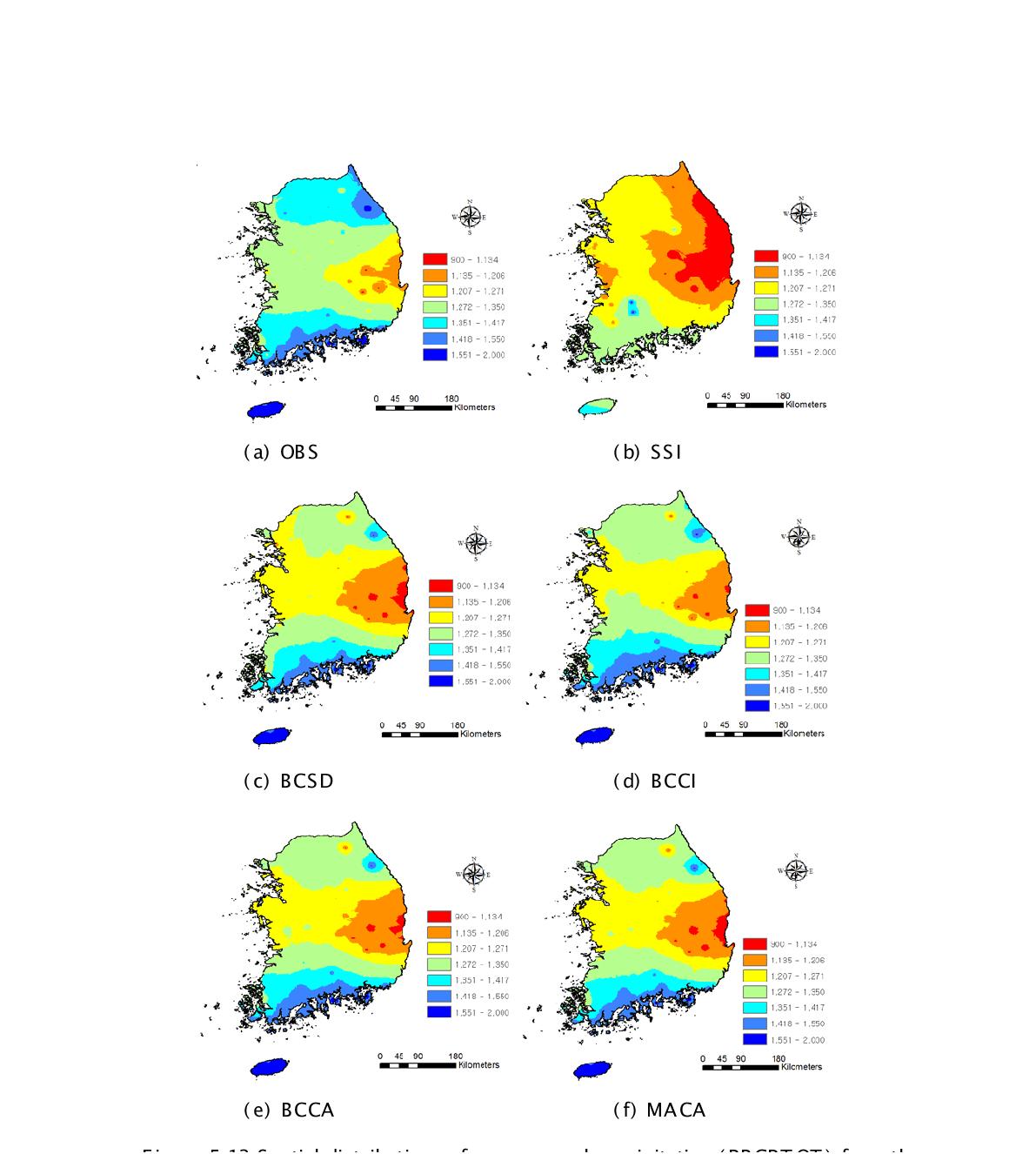 Spatial distributions of mean annual precipitation (PRCPTOT) from the