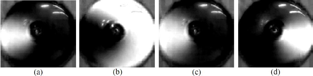 (a), (b) Rolling shutter effect가 고려되지 않았을 때의 복원 결과, (c), (d) Rolling shutter effect가 고려되었을 때의 복원 결과