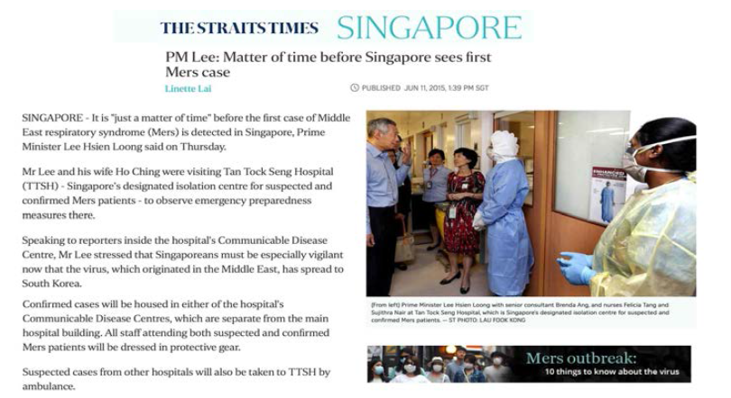 Straits Times 한국 메르스 및 자국 대응 보도, 6월 11일, “PM Lee: Matter of Time Before Singapore Sees First MERS Case”