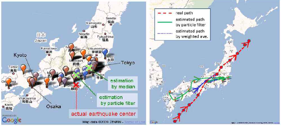(좌) 트위터를 이용한 지진의 진원 예측 (우) 트위터를 이용한 태풍의 진행 경로 예측