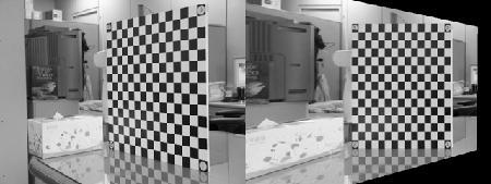 좌측과 우측의 이미지에서의 두 체스보드 이미지는, 하나의 카메 라를 서로 다른 자세를 취하여 동일한 체스보드를 찍은 영상이고 이 두 체스보드 이미지 사이에는 perspective transform의 관계가 있다.