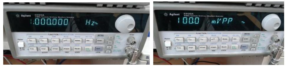 파형 발생기(Agilent 33120A) 설정. 파형=구형파, 진폭=100mVpp, 주파수=1Hz.