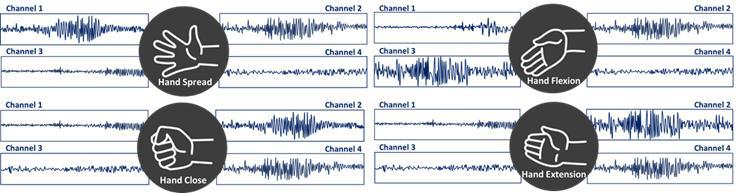4가지 손목 움직임에 따른 EMG 신호의 패턴확인