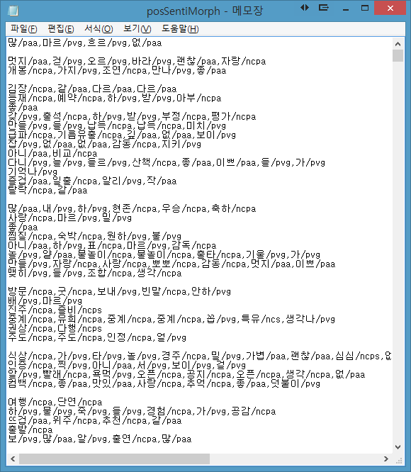 한글 비정형 데이터에 대한 형태소 추출 작업 결과 예