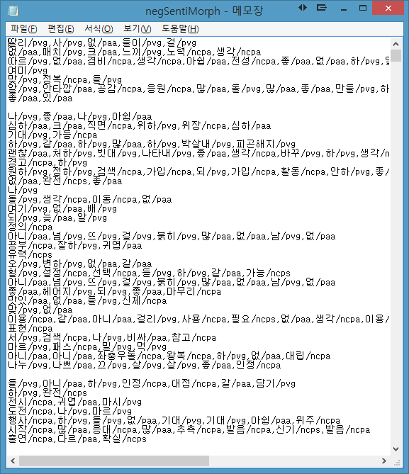 한글 비정형 데이터에 대한 형태소 추출 작업 결과 예