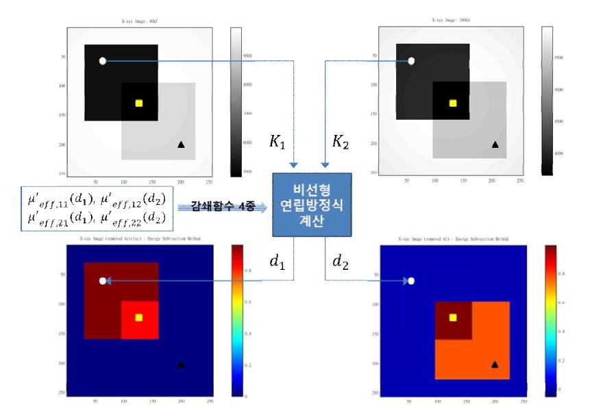 네종류의 감쇄계수 함수를 사용한 Dual Energy 물질분리 개요